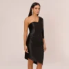 One Shoulder Satin Midi Dress With Three-Quarter Sleeve In Black