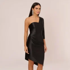 One Shoulder Satin Midi Dress With Three-Quarter Sleeve In Black