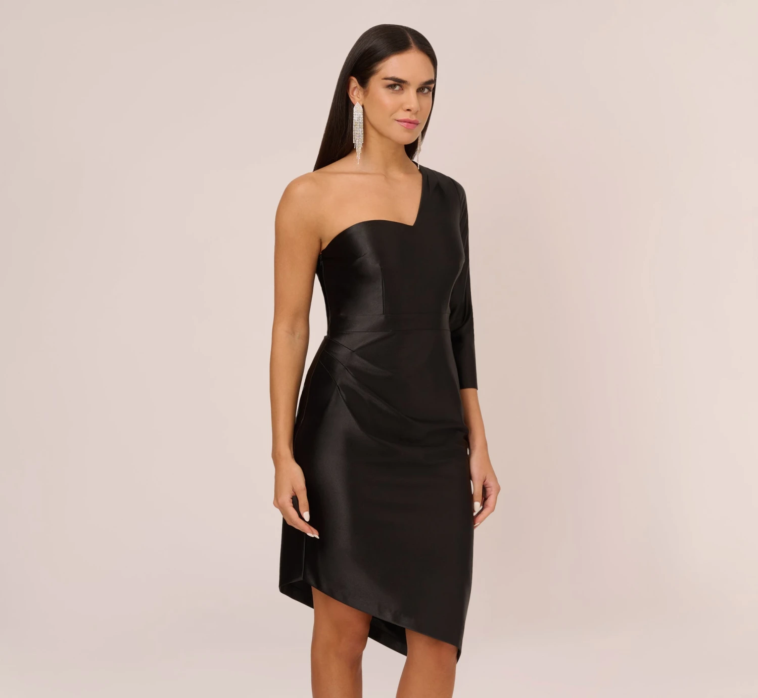 One Shoulder Satin Midi Dress With Three-Quarter Sleeve In Black 1 One Shoulder Satin Midi Dress With Three-Quarter Sleeve In Black