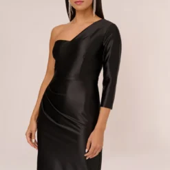 One Shoulder Satin Midi Dress With Three-Quarter Sleeve In Black 9 One Shoulder Satin Midi Dress With Three-Quarter Sleeve In Black -Glam Mirth Sales MN1E208394 AA002 Regular Detail