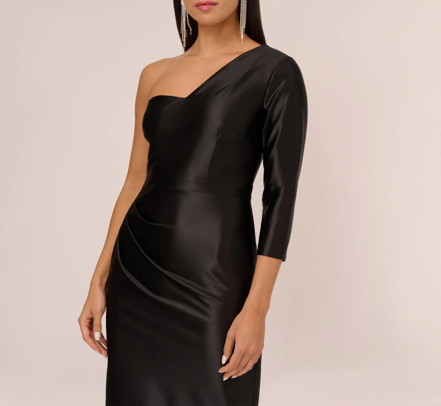 One Shoulder Satin Midi Dress With Three-Quarter Sleeve In Black 3 One Shoulder Satin Midi Dress With Three-Quarter Sleeve In Black - Image 3