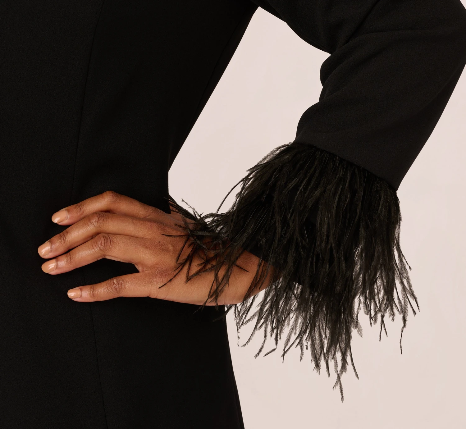 Plus Size Knit Crepe Long Sleeve Blazer Dress With Feather Trim In Black 6 Plus Size Knit Crepe Long Sleeve Blazer Dress With Feather Trim In Black - Image 6