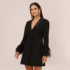 Knit Crepe Long Sleeve Blazer Dress With Feather Trim In Black