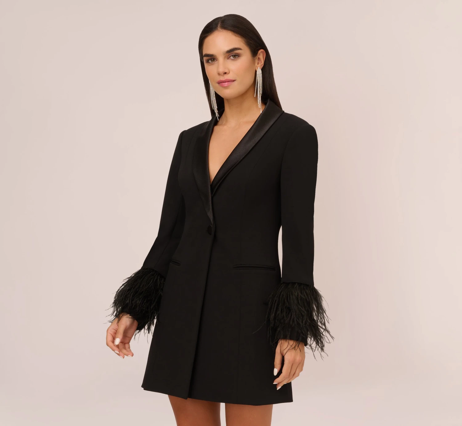 Knit Crepe Long Sleeve Blazer Dress With Feather Trim In Black 1 Knit Crepe Long Sleeve Blazer Dress With Feather Trim In Black
