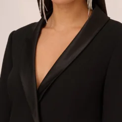 Knit Crepe Long Sleeve Blazer Dress With Feather Trim In Black 9 Knit Crepe Long Sleeve Blazer Dress With Feather Trim In Black -Glam Mirth Sales MN1E208395 AA002 Regular Detail