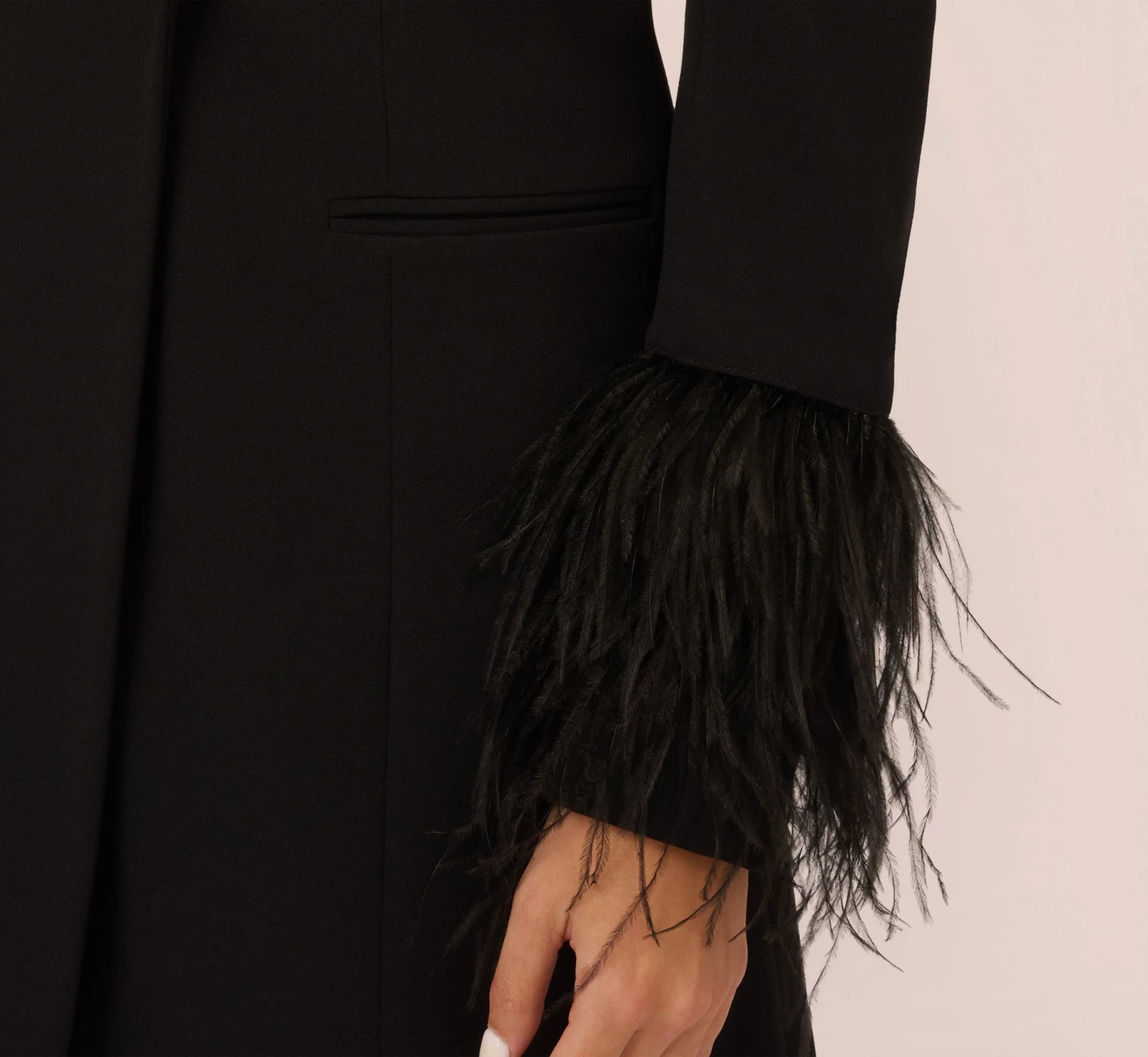 Knit Crepe Long Sleeve Blazer Dress With Feather Trim In Black 6 Knit Crepe Long Sleeve Blazer Dress With Feather Trim In Black - Image 6
