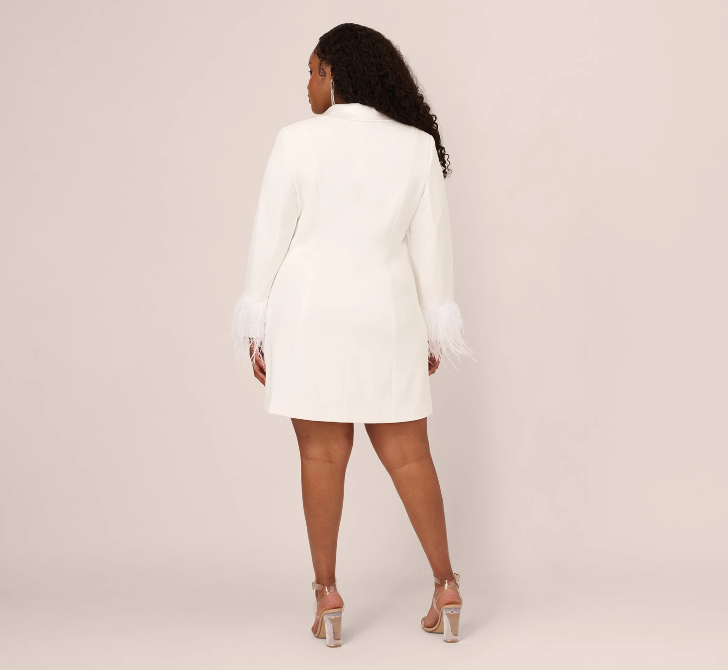 Plus Size Knit Crepe Long Sleeve Blazer Dress With Feather Trim In Ivory 4 Plus Size Knit Crepe Long Sleeve Blazer Dress With Feather Trim In Ivory - Image 4