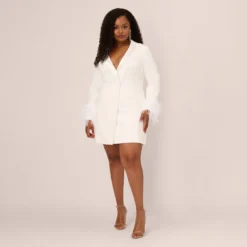 Plus Size Knit Crepe Long Sleeve Blazer Dress With Feather Trim In Ivory 11 Plus Size Knit Crepe Long Sleeve Blazer Dress With Feather Trim In Ivory -Glam Mirth Sales MN1E208395 AA194 Plus Front