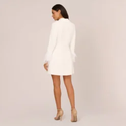 Knit Crepe Long Sleeve Blazer Dress With Feather Trim In Ivory 12 Knit Crepe Long Sleeve Blazer Dress With Feather Trim In Ivory -Glam Mirth Sales MN1E208395 AA194 Regular Back