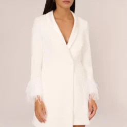 Knit Crepe Long Sleeve Blazer Dress With Feather Trim In Ivory 10 Knit Crepe Long Sleeve Blazer Dress With Feather Trim In Ivory -Glam Mirth Sales MN1E208395 AA194 Regular Detail