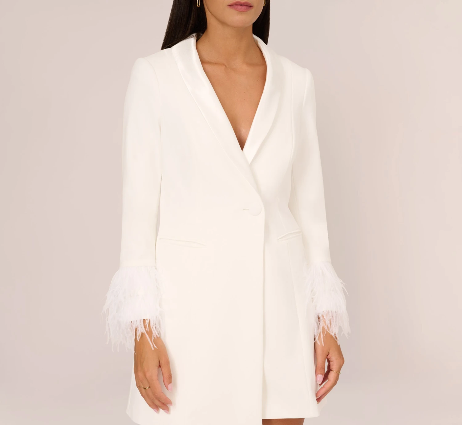 Knit Crepe Long Sleeve Blazer Dress With Feather Trim In Ivory 4 Knit Crepe Long Sleeve Blazer Dress With Feather Trim In Ivory - Image 4