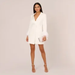 Knit Crepe Long Sleeve Blazer Dress With Feather Trim In Ivory 9 Knit Crepe Long Sleeve Blazer Dress With Feather Trim In Ivory -Glam Mirth Sales MN1E208395 AA194 Regular Side