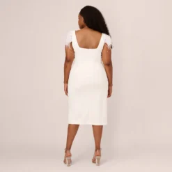 Plus Size Knit Crepe Midi Dress With Feather Shoulder Accents In Ivory -Glam Mirth Sales MN1E208406 AA194 Plus Back