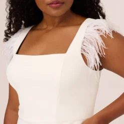 Plus Size Knit Crepe Midi Dress With Feather Shoulder Accents In Ivory -Glam Mirth Sales MN1E208406 AA194 Plus Detail