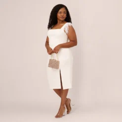 Plus Size Knit Crepe Midi Dress With Feather Shoulder Accents In Ivory -Glam Mirth Sales MN1E208406 AA194 Plus Side