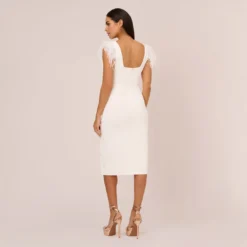Knit Crepe Midi Dress With Feather Shoulder Accents In Ivory 9 Knit Crepe Midi Dress With Feather Shoulder Accents In Ivory -Glam Mirth Sales MN1E208406 AA194 Regular Back