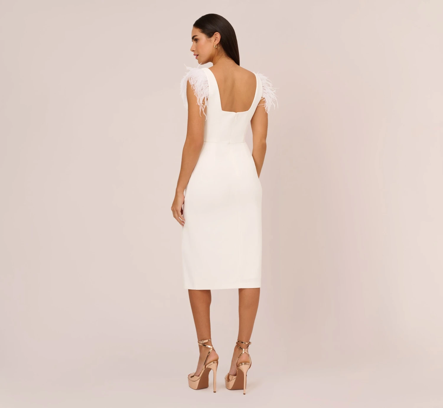Knit Crepe Midi Dress With Feather Shoulder Accents In Ivory 4 Knit Crepe Midi Dress With Feather Shoulder Accents In Ivory - Image 4