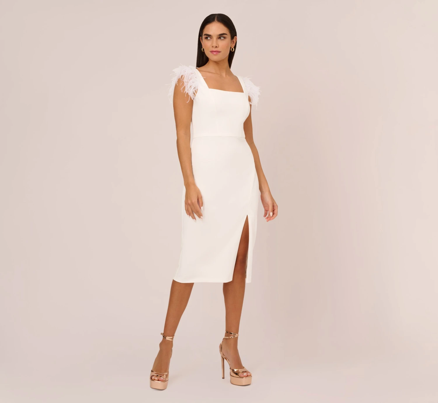 Knit Crepe Midi Dress With Feather Shoulder Accents In Ivory 1 Knit Crepe Midi Dress With Feather Shoulder Accents In Ivory