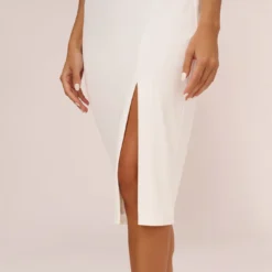 Knit Crepe Midi Dress With Feather Shoulder Accents In Ivory 10 Knit Crepe Midi Dress With Feather Shoulder Accents In Ivory -Glam Mirth Sales MN1E208406 AA194 Regular Detail