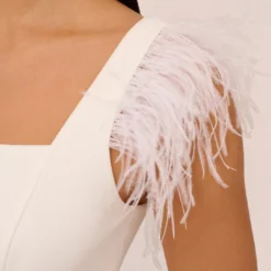 Knit Crepe Midi Dress With Feather Shoulder Accents In Ivory 8 Knit Crepe Midi Dress With Feather Shoulder Accents In Ivory -Glam Mirth Sales MN1E208406 AA194 Regular Lifestyle