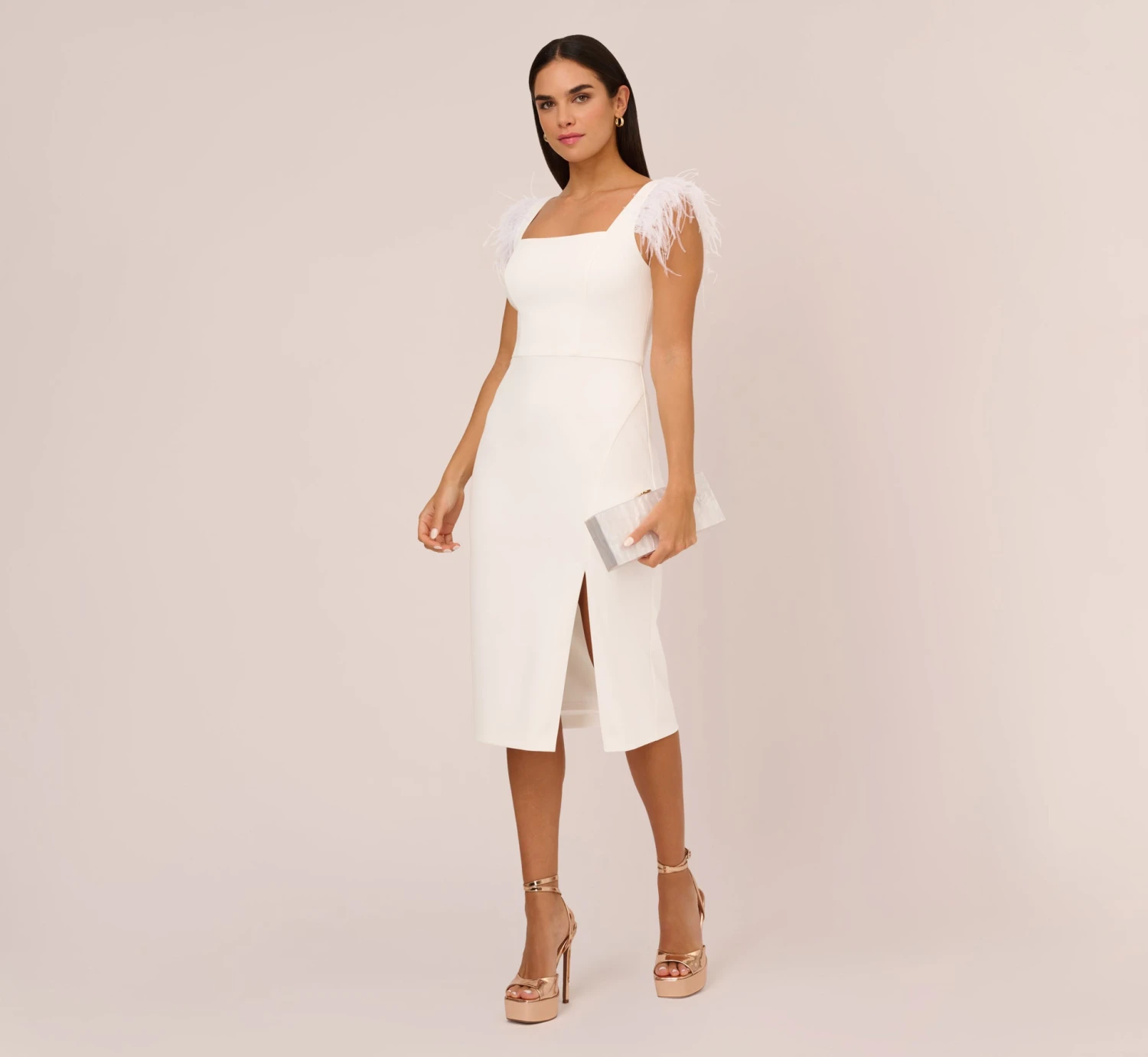 Knit Crepe Midi Dress With Feather Shoulder Accents In Ivory 2 Knit Crepe Midi Dress With Feather Shoulder Accents In Ivory - Image 2