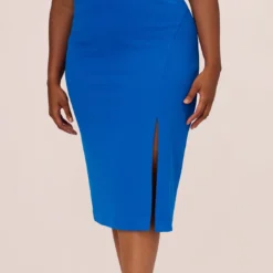 Plus Size Knit Crepe Midi Dress With Feather Shoulder Accents In Dark Cobalt 11 Plus Size Knit Crepe Midi Dress With Feather Shoulder Accents In Dark Cobalt -Glam Mirth Sales MN1E208406 AT401 Plus Lifestyle