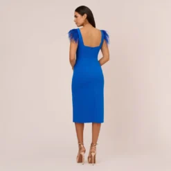 Knit Crepe Midi Dress With Feather Shoulder Accents In Dark Cobalt 9 Knit Crepe Midi Dress With Feather Shoulder Accents In Dark Cobalt -Glam Mirth Sales MN1E208406 AT401 Regular Back