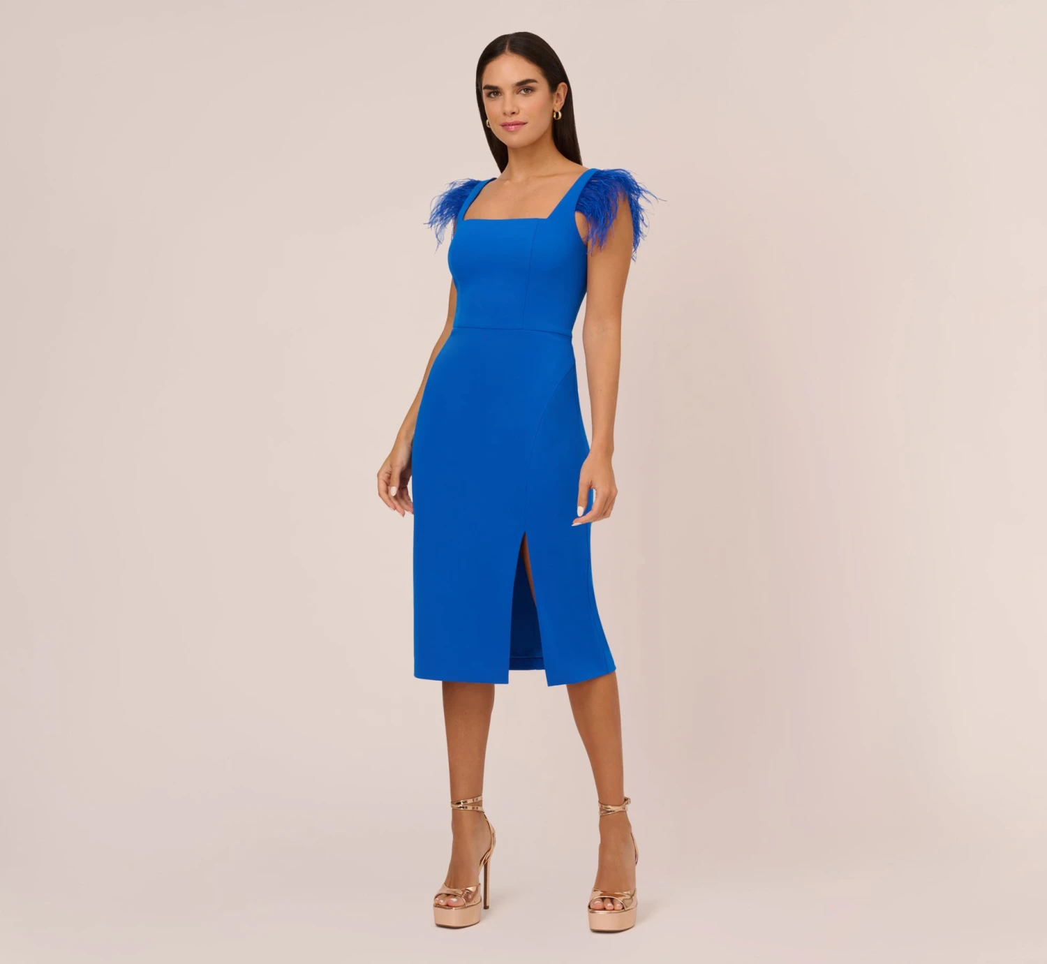 Knit Crepe Midi Dress With Feather Shoulder Accents In Dark Cobalt 1 Knit Crepe Midi Dress With Feather Shoulder Accents In Dark Cobalt