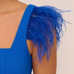 Knit Crepe Midi Dress With Feather Shoulder Accents In Dark Cobalt 8 Knit Crepe Midi Dress With Feather Shoulder Accents In Dark Cobalt -Glam Mirth Sales MN1E208406 AT401 Regular Detail