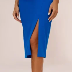Knit Crepe Midi Dress With Feather Shoulder Accents In Dark Cobalt 10 Knit Crepe Midi Dress With Feather Shoulder Accents In Dark Cobalt -Glam Mirth Sales MN1E208406 AT401 Regular Lifestyle