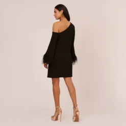 Knit Crepe One Shoulder Long Sleeve Dress With Feather Accents In Black 11 Knit Crepe One Shoulder Long Sleeve Dress With Feather Accents In Black -Glam Mirth Sales MN1E208446 AA002 Regular Back
