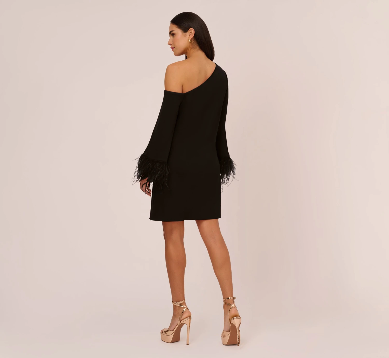 Knit Crepe One Shoulder Long Sleeve Dress With Feather Accents In Black 4 Knit Crepe One Shoulder Long Sleeve Dress With Feather Accents In Black - Image 4