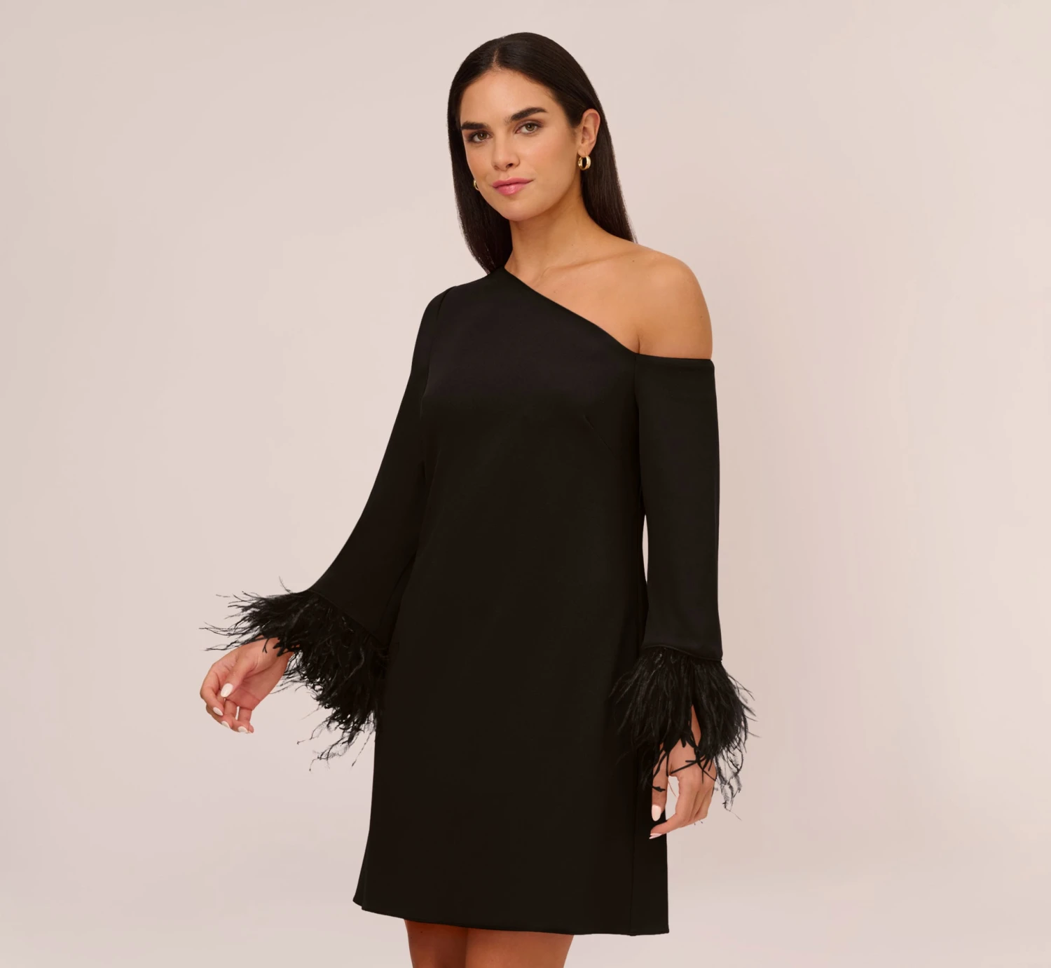 Knit Crepe One Shoulder Long Sleeve Dress With Feather Accents In Black 1 Knit Crepe One Shoulder Long Sleeve Dress With Feather Accents In Black
