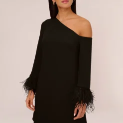 Knit Crepe One Shoulder Long Sleeve Dress With Feather Accents In Black 10 Knit Crepe One Shoulder Long Sleeve Dress With Feather Accents In Black -Glam Mirth Sales MN1E208446 AA002 Regular Detail