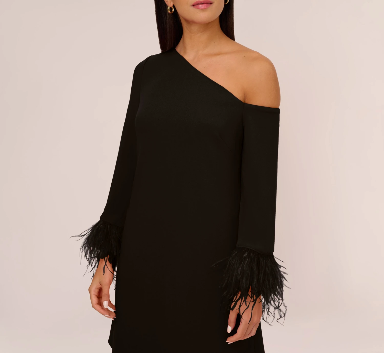 Knit Crepe One Shoulder Long Sleeve Dress With Feather Accents In Black 3 Knit Crepe One Shoulder Long Sleeve Dress With Feather Accents In Black - Image 3