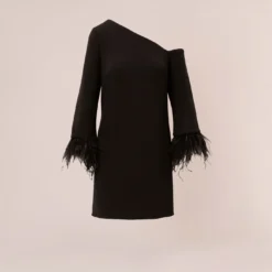 Knit Crepe One Shoulder Long Sleeve Dress With Feather Accents In Black 12 Knit Crepe One Shoulder Long Sleeve Dress With Feather Accents In Black -Glam Mirth Sales MN1E208446 AA002 Regular Flat