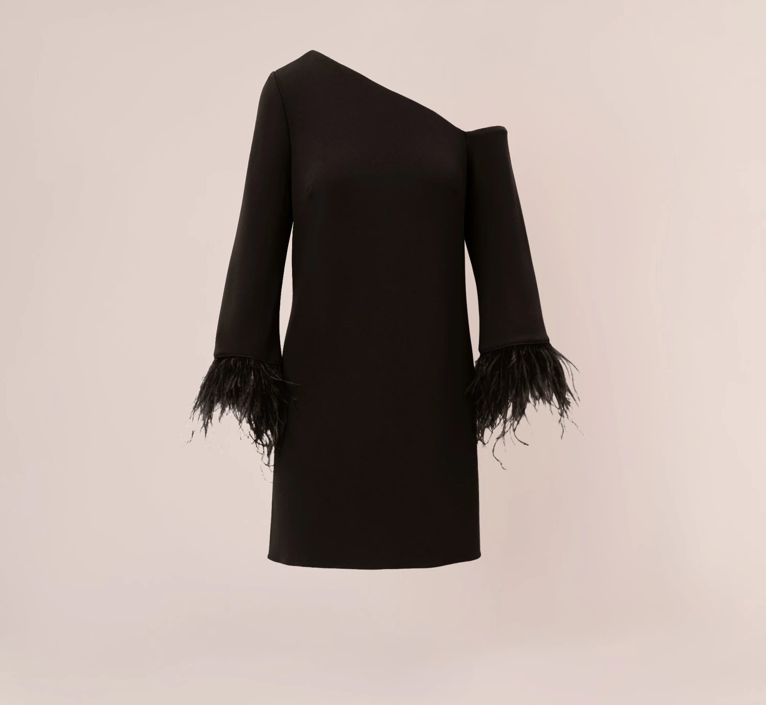 Knit Crepe One Shoulder Long Sleeve Dress With Feather Accents In Black 5 Knit Crepe One Shoulder Long Sleeve Dress With Feather Accents In Black - Image 5