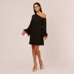 Knit Crepe One Shoulder Long Sleeve Dress With Feather Accents In Black 13 Knit Crepe One Shoulder Long Sleeve Dress With Feather Accents In Black -Glam Mirth Sales MN1E208446 AA002 Regular Front