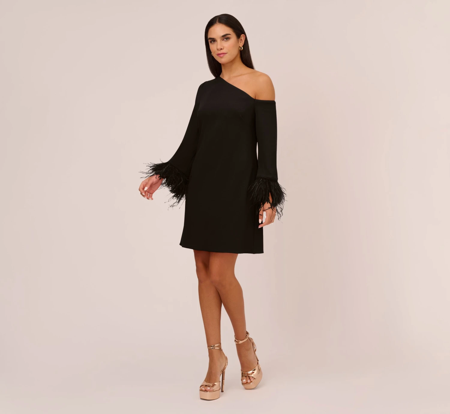 Knit Crepe One Shoulder Long Sleeve Dress With Feather Accents In Black 6 Knit Crepe One Shoulder Long Sleeve Dress With Feather Accents In Black - Image 6