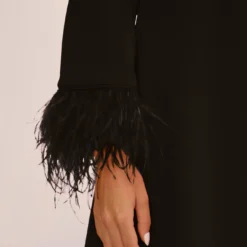 Knit Crepe One Shoulder Long Sleeve Dress With Feather Accents In Black 14 Knit Crepe One Shoulder Long Sleeve Dress With Feather Accents In Black -Glam Mirth Sales MN1E208446 AA002 Regular Lifestyle