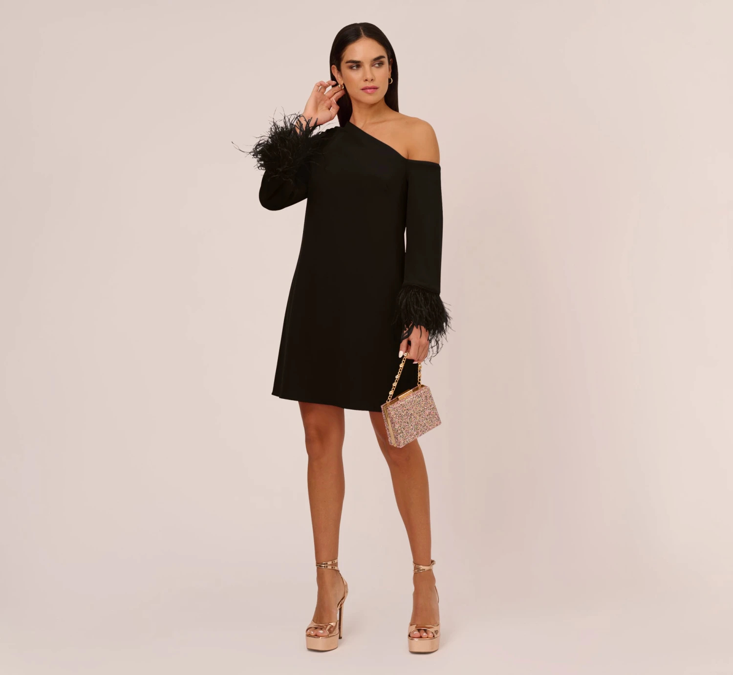 Knit Crepe One Shoulder Long Sleeve Dress With Feather Accents In Black 2 Knit Crepe One Shoulder Long Sleeve Dress With Feather Accents In Black - Image 2
