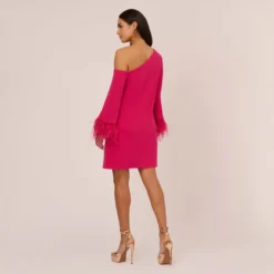 Knit Crepe One Shoulder Long Sleeve Dress With Feather Accents In Bright Rose 10 Knit Crepe One Shoulder Long Sleeve Dress With Feather Accents In Bright Rose -Glam Mirth Sales MN1E208446 AH673 Regular Back