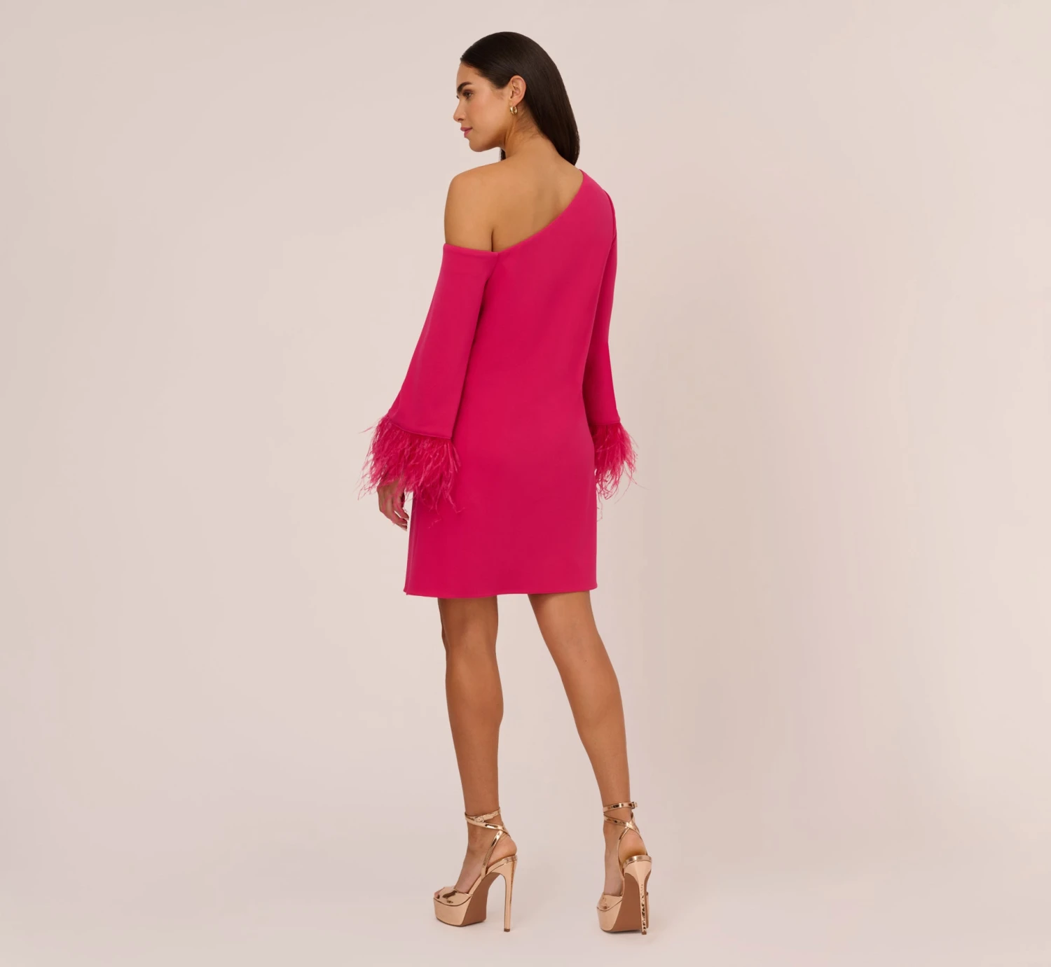 Knit Crepe One Shoulder Long Sleeve Dress With Feather Accents In Bright Rose 4 Knit Crepe One Shoulder Long Sleeve Dress With Feather Accents In Bright Rose - Image 4