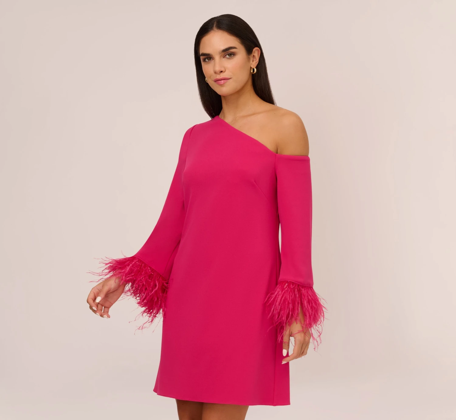 Knit Crepe One Shoulder Long Sleeve Dress With Feather Accents In Bright Rose 1 Knit Crepe One Shoulder Long Sleeve Dress With Feather Accents In Bright Rose