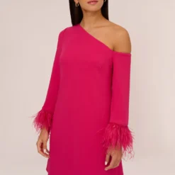 Knit Crepe One Shoulder Long Sleeve Dress With Feather Accents In Bright Rose 9 Knit Crepe One Shoulder Long Sleeve Dress With Feather Accents In Bright Rose -Glam Mirth Sales MN1E208446 AH673 Regular Detail