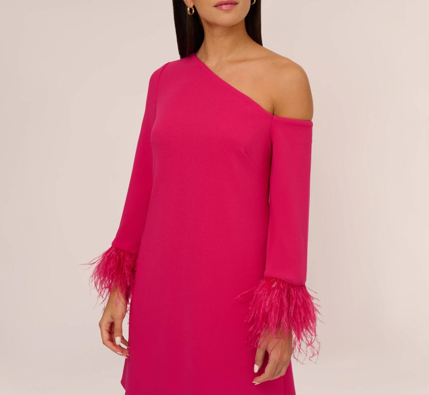 Knit Crepe One Shoulder Long Sleeve Dress With Feather Accents In Bright Rose 3 Knit Crepe One Shoulder Long Sleeve Dress With Feather Accents In Bright Rose - Image 3