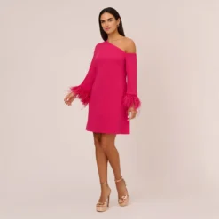 Knit Crepe One Shoulder Long Sleeve Dress With Feather Accents In Bright Rose 11 Knit Crepe One Shoulder Long Sleeve Dress With Feather Accents In Bright Rose -Glam Mirth Sales MN1E208446 AH673 Regular Front