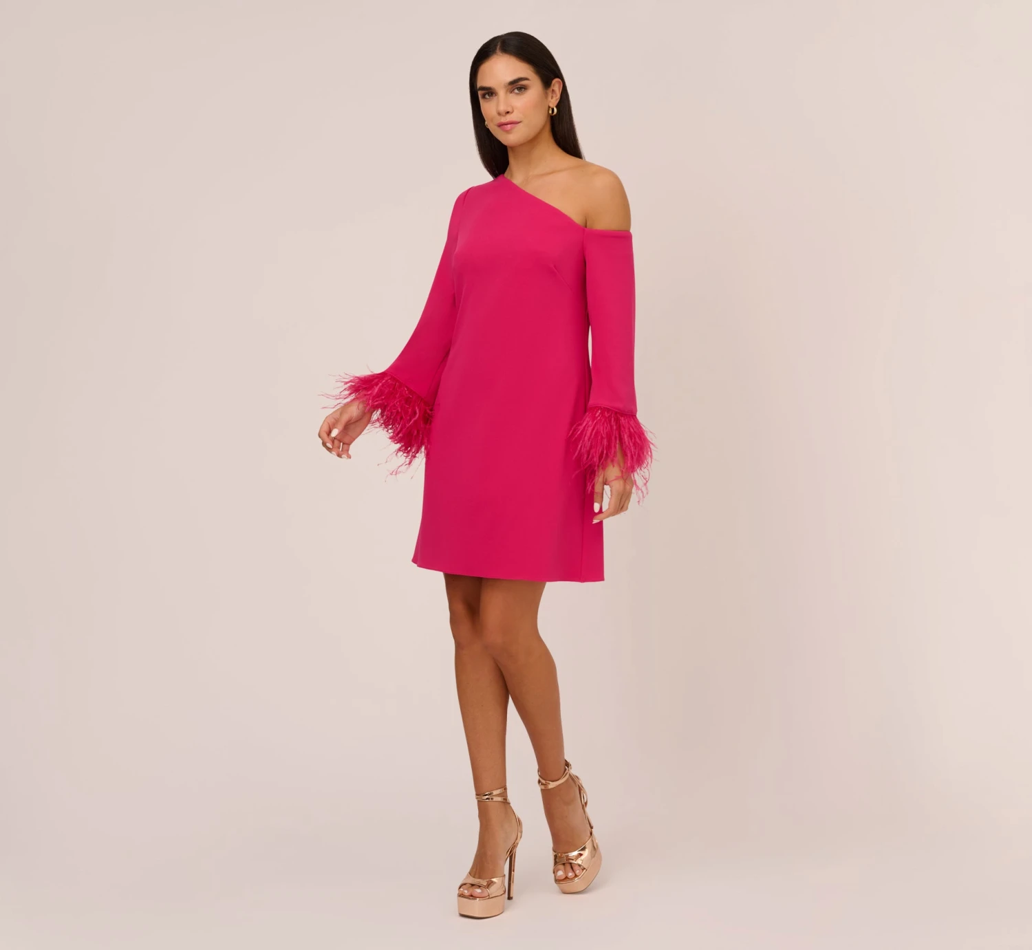 Knit Crepe One Shoulder Long Sleeve Dress With Feather Accents In Bright Rose 5 Knit Crepe One Shoulder Long Sleeve Dress With Feather Accents In Bright Rose - Image 5
