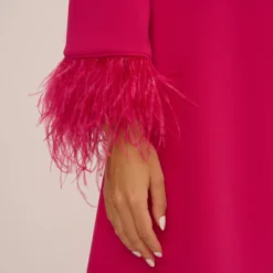 Knit Crepe One Shoulder Long Sleeve Dress With Feather Accents In Bright Rose 12 Knit Crepe One Shoulder Long Sleeve Dress With Feather Accents In Bright Rose -Glam Mirth Sales MN1E208446 AH673 Regular Lifestyle
