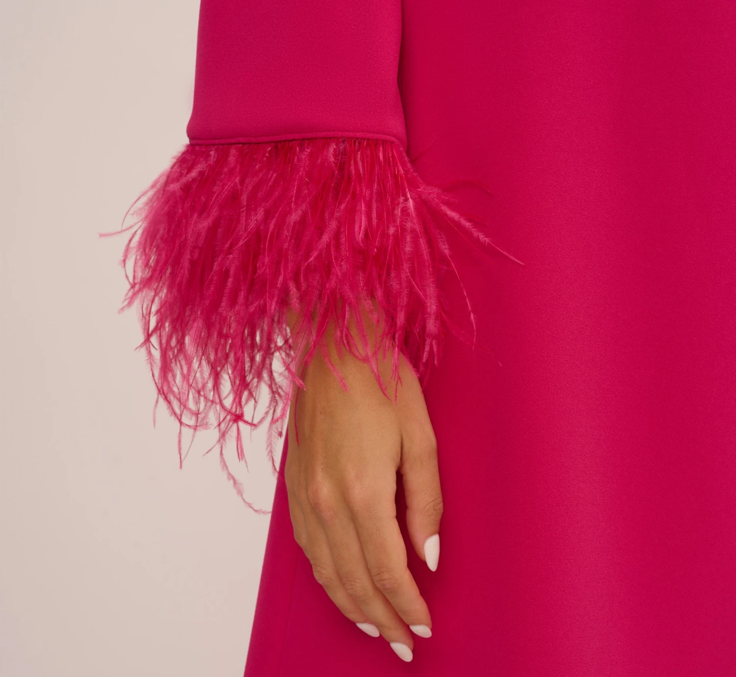 Knit Crepe One Shoulder Long Sleeve Dress With Feather Accents In Bright Rose 6 Knit Crepe One Shoulder Long Sleeve Dress With Feather Accents In Bright Rose - Image 6